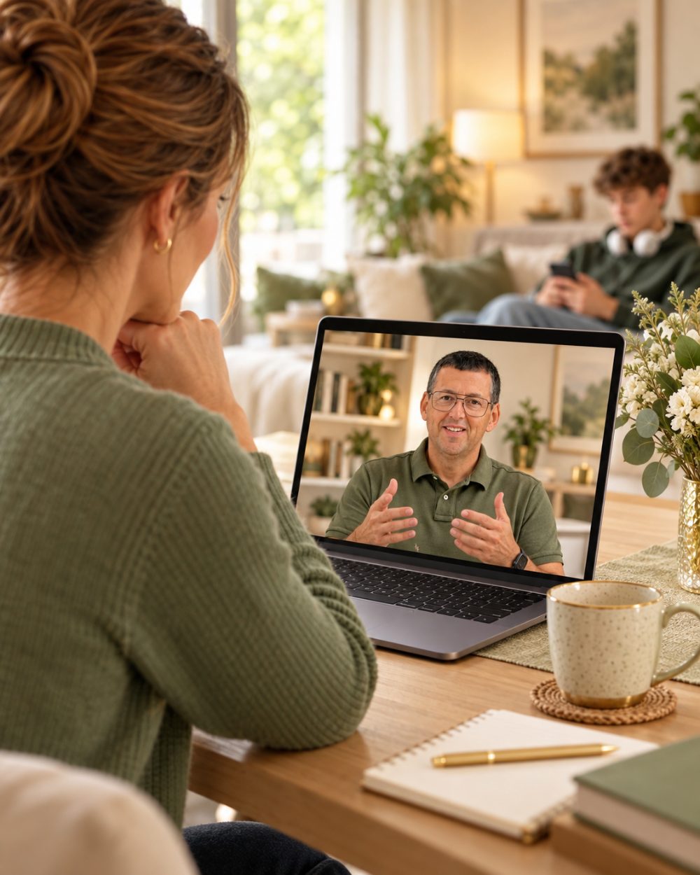 Eine Mutter sitzt am Tisch und spricht per Videocall mit Markus Knauth